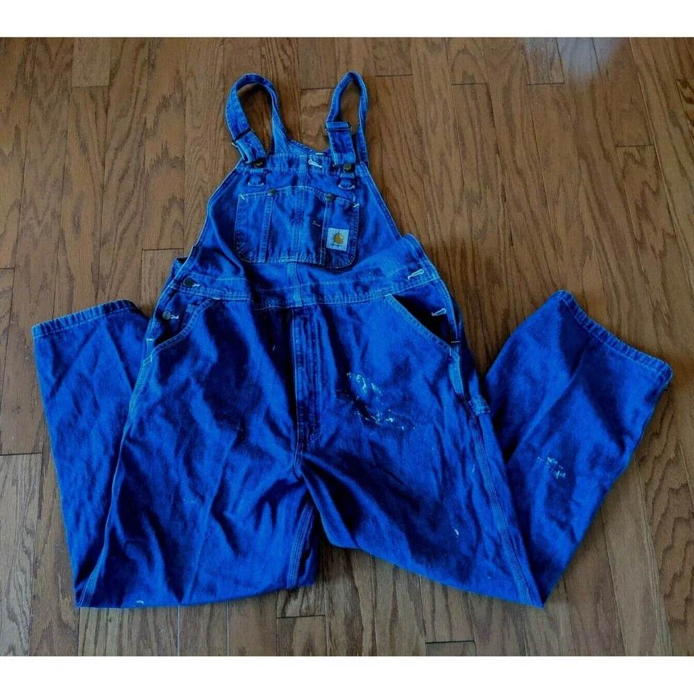 Carhartt Blue Denim Bib Overalls Straight Fit Men Size 42 x 30 Paint Stained